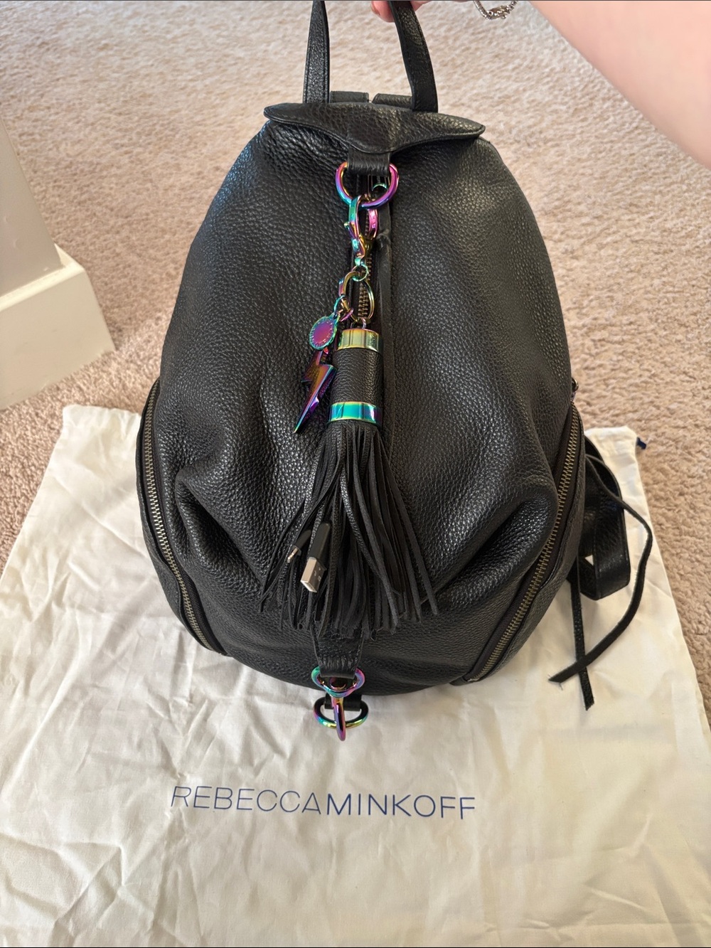 Rebecca Minkoff Black Pebbled Leather Backpack with Iridescent Hardware